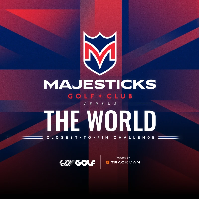 Majesticks Golf Club versus The World closest-to-pin challenge logo with LIV Golf and Trackman branding on a stylized background.